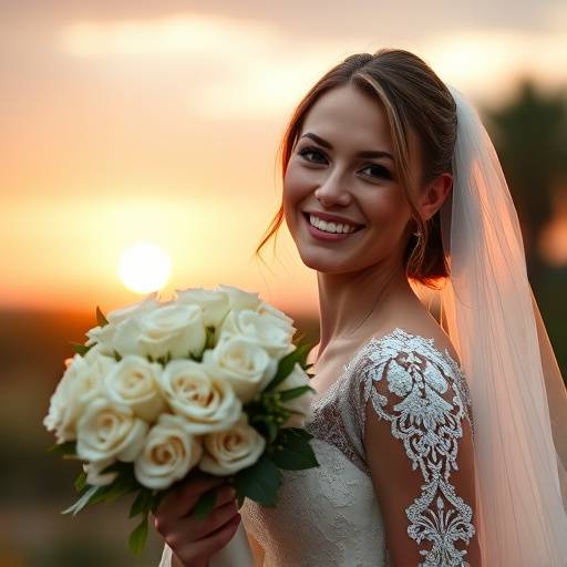 Descrizione dettagliata dell'immagine, includendo soggetti, azioni, contesto ed emozioni se pertinenti. Ad esempio: 'Una sposa sorridente con un bouquet di rose bianche, illuminata dalla luce naturale del tramonto.'
