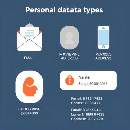 Illustrazione grafica che mostra diversi tipi di dati personali come email, telefono, nome, indirizzo.
