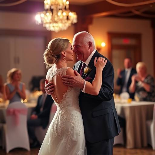 La sposa che danza con il padre durante il ricevimento nuziale, illuminata da luci calde e circondata dagli invitati festanti.