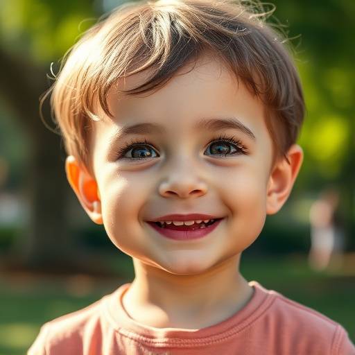 Ritratto di un bambino sorridente e giocoso, con gli occhi pieni di curiosit&agrave;, catturato durante un pomeriggio all'aperto in un parco.