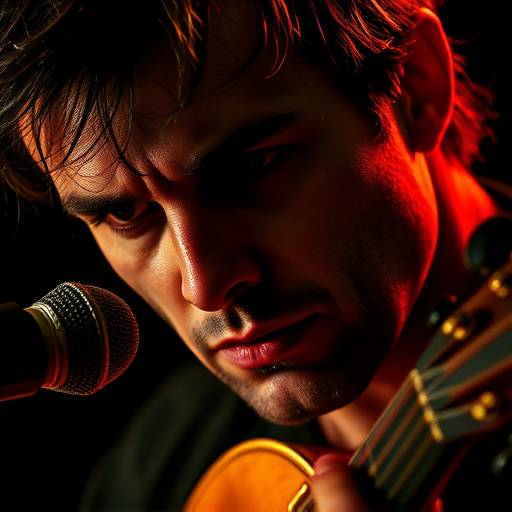 Ritratto di un musicista con occhi intensi e uno sguardo pensieroso, illuminato da una luce laterale che ne enfatizza i lineamenti e la passione per la musica.