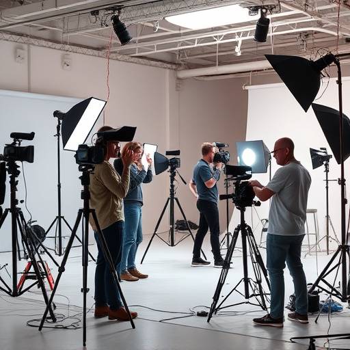 Un gruppo di fotografi dello studio che lavorano insieme in un ambiente luminoso con attrezzature professionali.