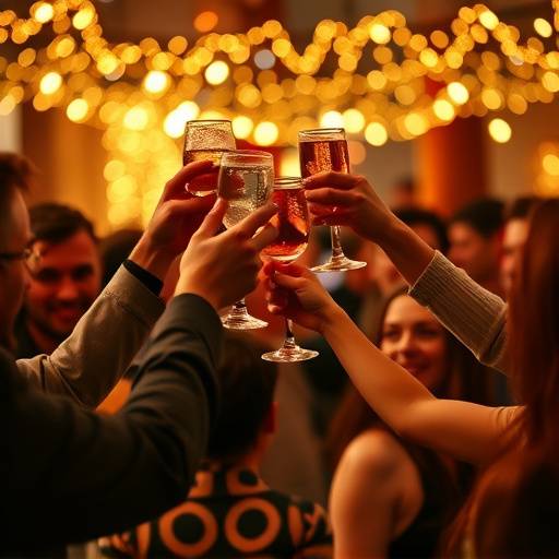 Un gruppo di persone che brindano alzando i calici durante una festa privata, con luci festive che creano un'atmosfera gioiosa.