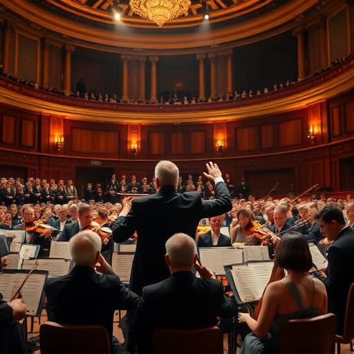 Un'orchestra sinfonica durante un concerto in una sala prestigiosa, con i musicisti concentrati e il direttore d'orchestra in pieno gesto.