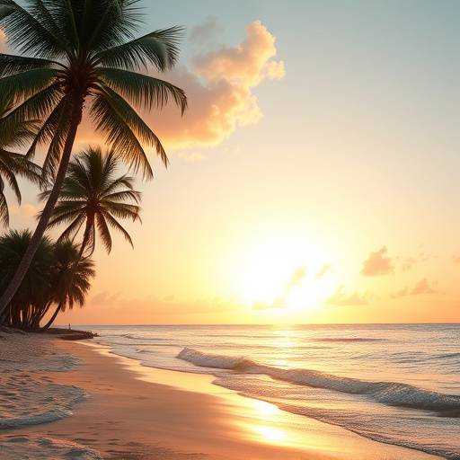 Vista panoramica di una spiaggia tropicale al tramonto, con palme che si stagliano contro il cielo dorato e onde calme che lambiscono la riva.